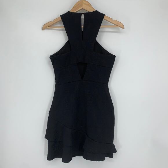 Parker Barcelona Cutout Racerback Halter Ruffle Hem Jacquard Mini Dress, Black - Picture 6 of 11